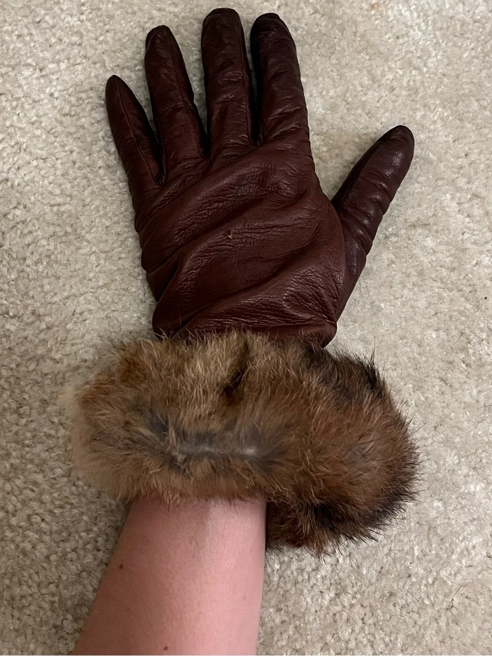 Vintage Brown Leather Gloves with Fur Trim - Women